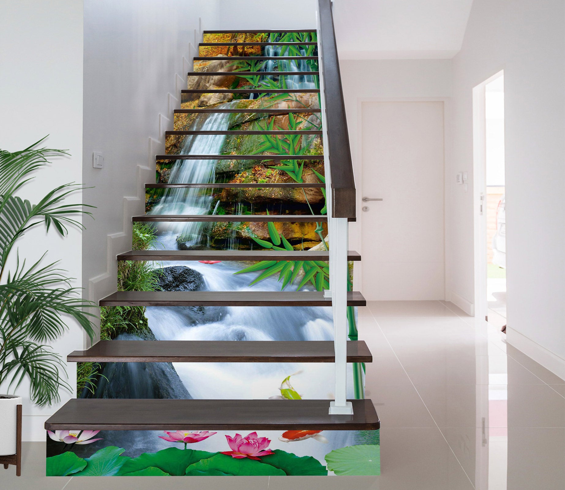 3D Waterfall And Lotus 053 Stair Risers