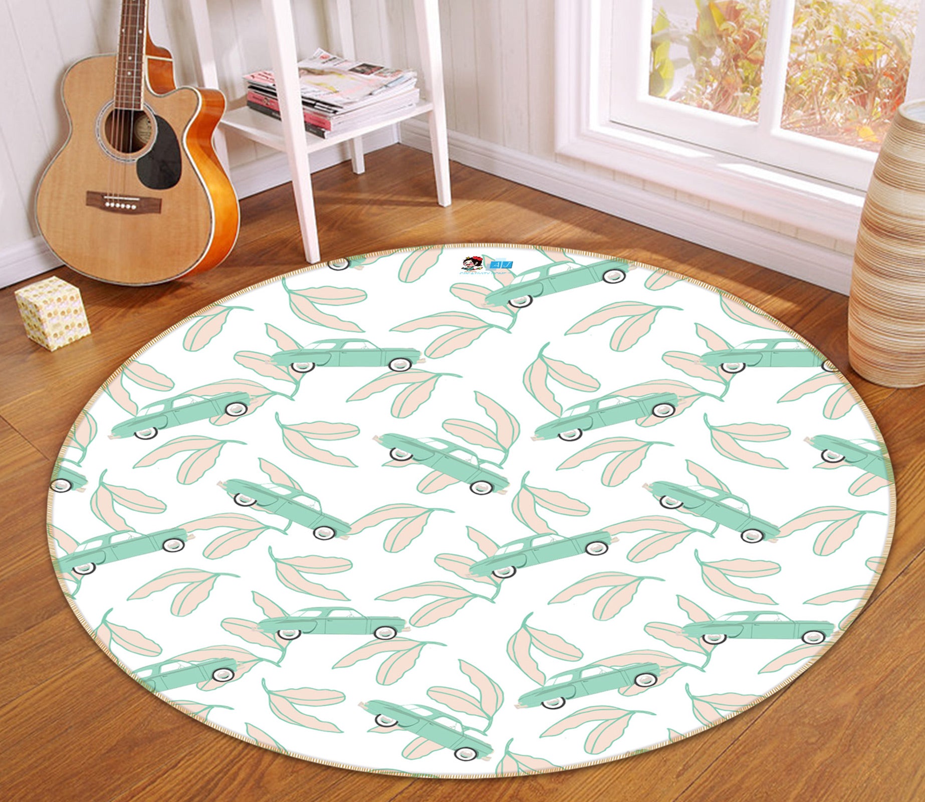3D Green Car Leaves Pattern 9895 Kasumi Loffler Rug Round Non Slip Rug Mat