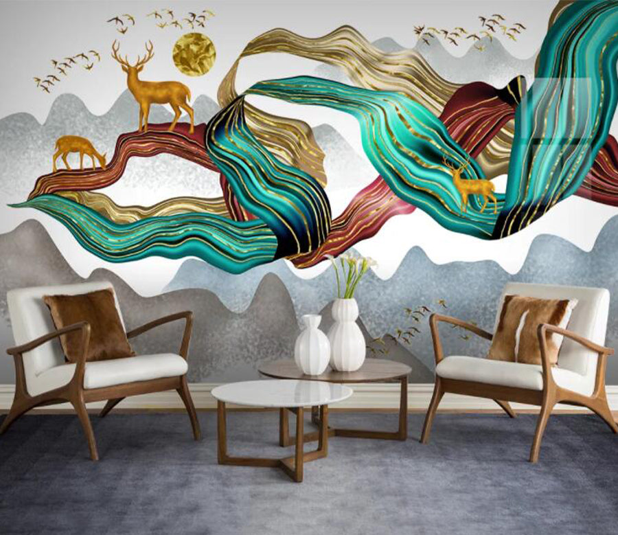 3D Golden Bird Fawn WC2468 Wall Murals