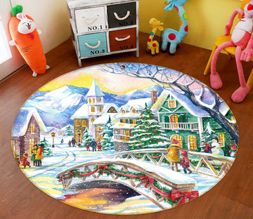 3D Snow House Bridge 55239 Christmas Round Non Slip Rug Mat Xmas