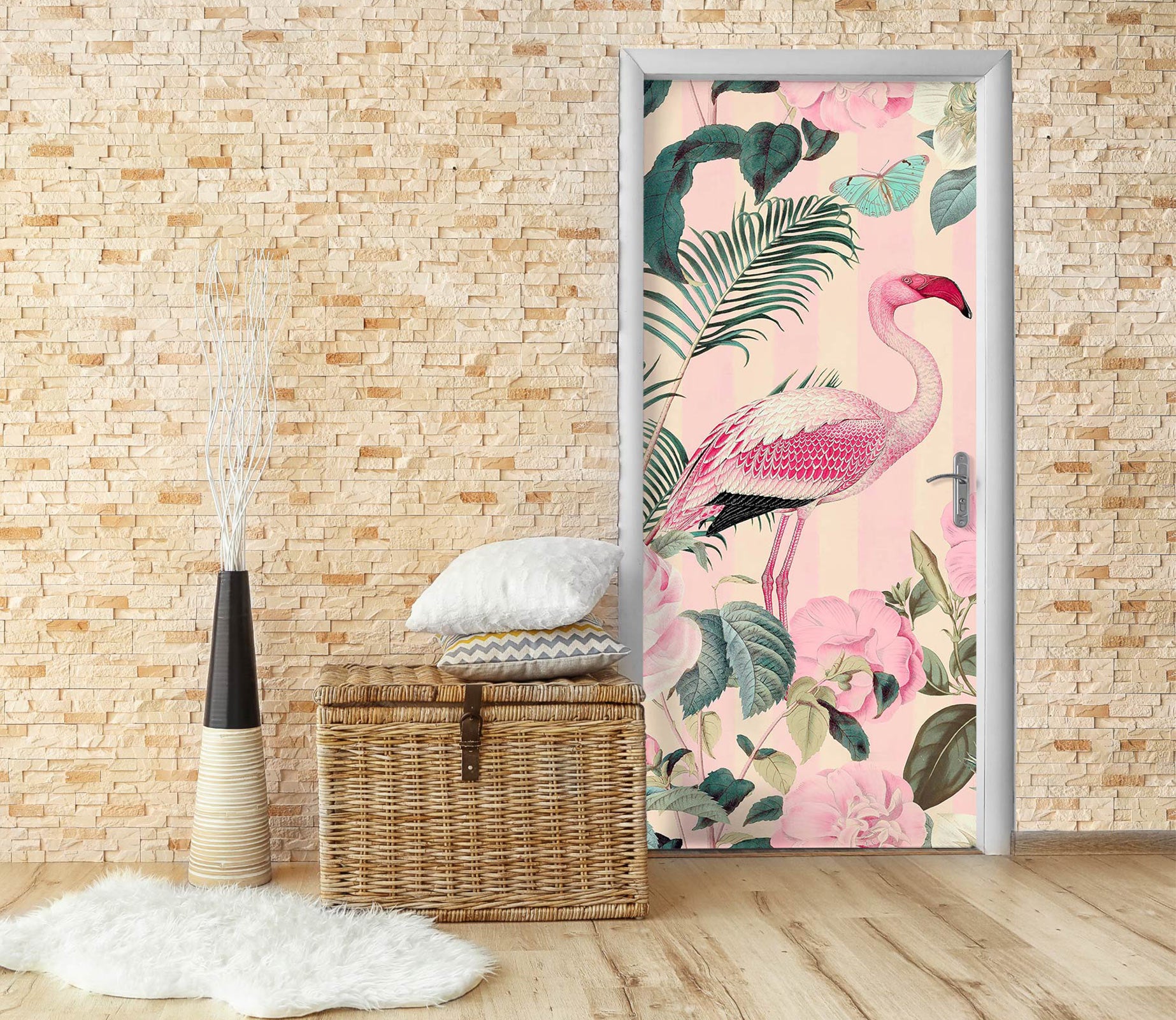 3D Pink Flowers Flamingo 118119 Andrea Haase Door Mural