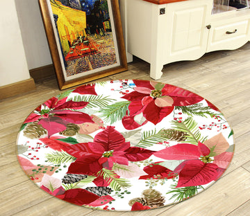 3D Red Leaves Flowers 55201 Christmas Round Non Slip Rug Mat Xmas