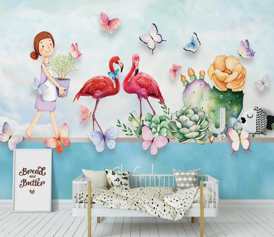 3D Girl And Red Flamingo 1021 Wall Murals