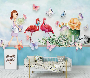 3D Girl And Red Flamingo 1021 Wall Murals