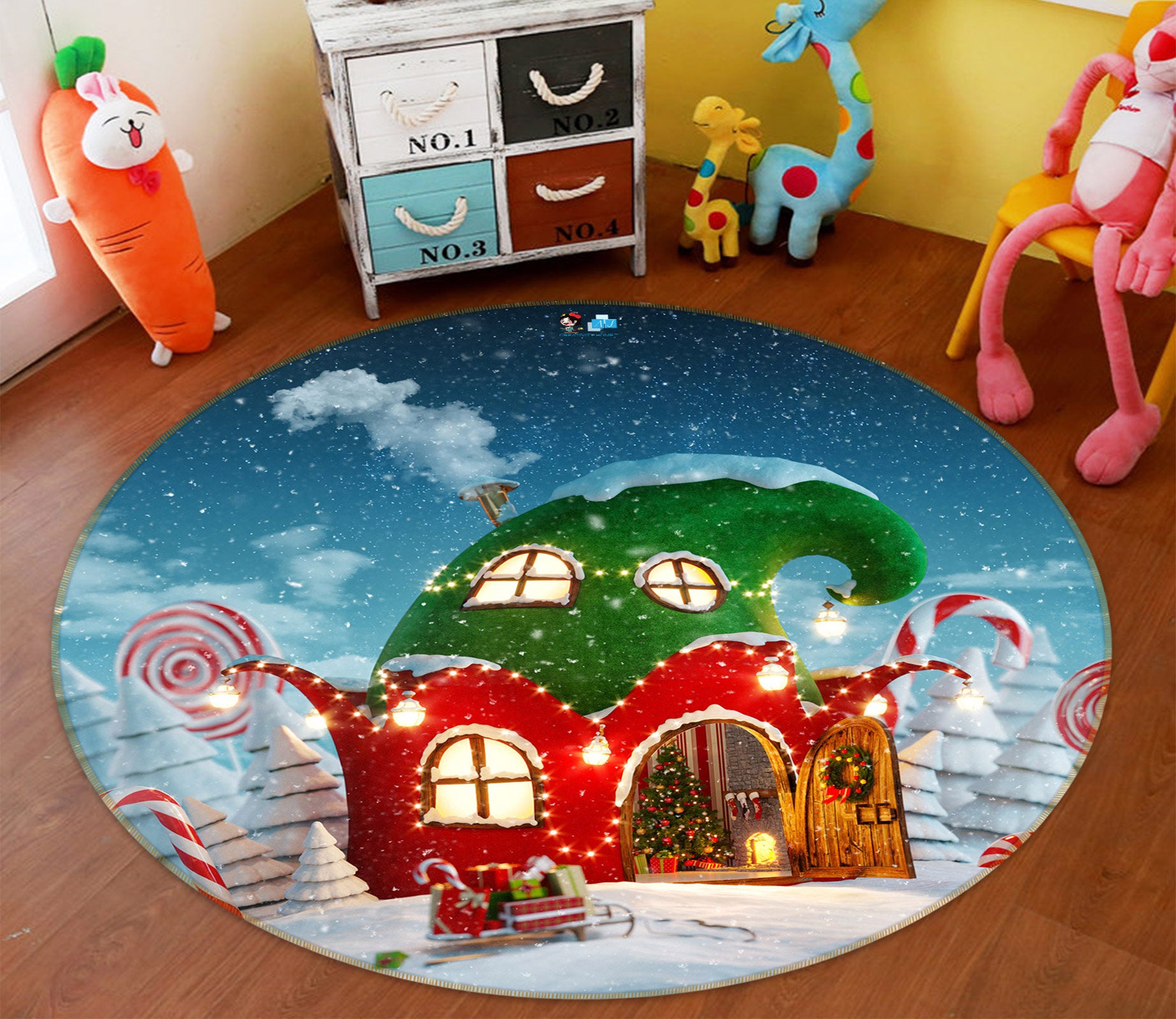 3D Red Green Cabin 55208 Christmas Round Non Slip Rug Mat Xmas