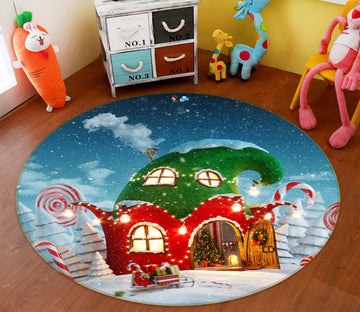 3D Red Green Cabin 55208 Christmas Round Non Slip Rug Mat Xmas