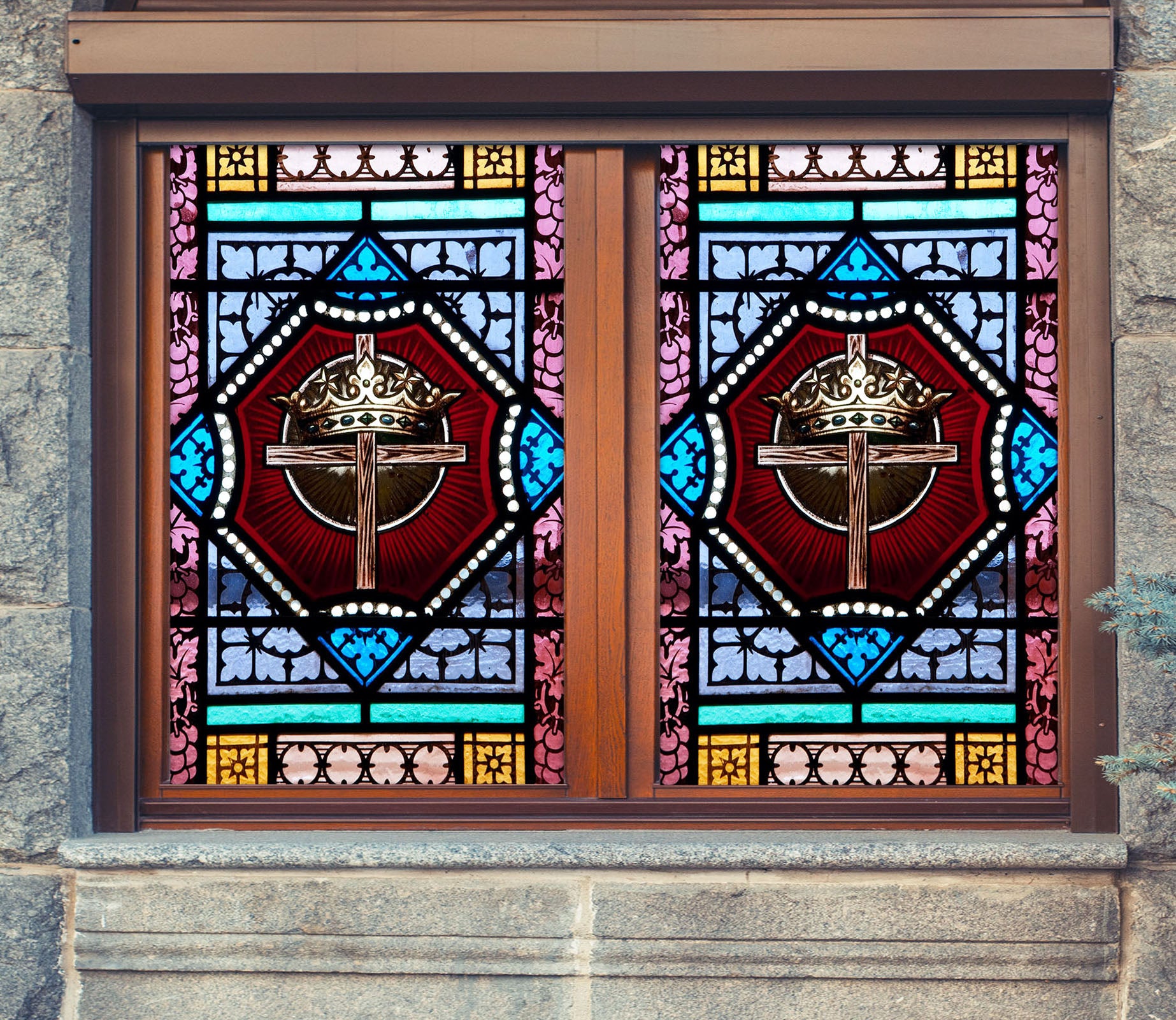 3D Crown Cross 110 Window Film Print Sticker Cling Stained Glass UV Block