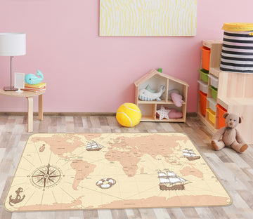 3D Cute Boat 2001 World Map Non Slip Rug Mat