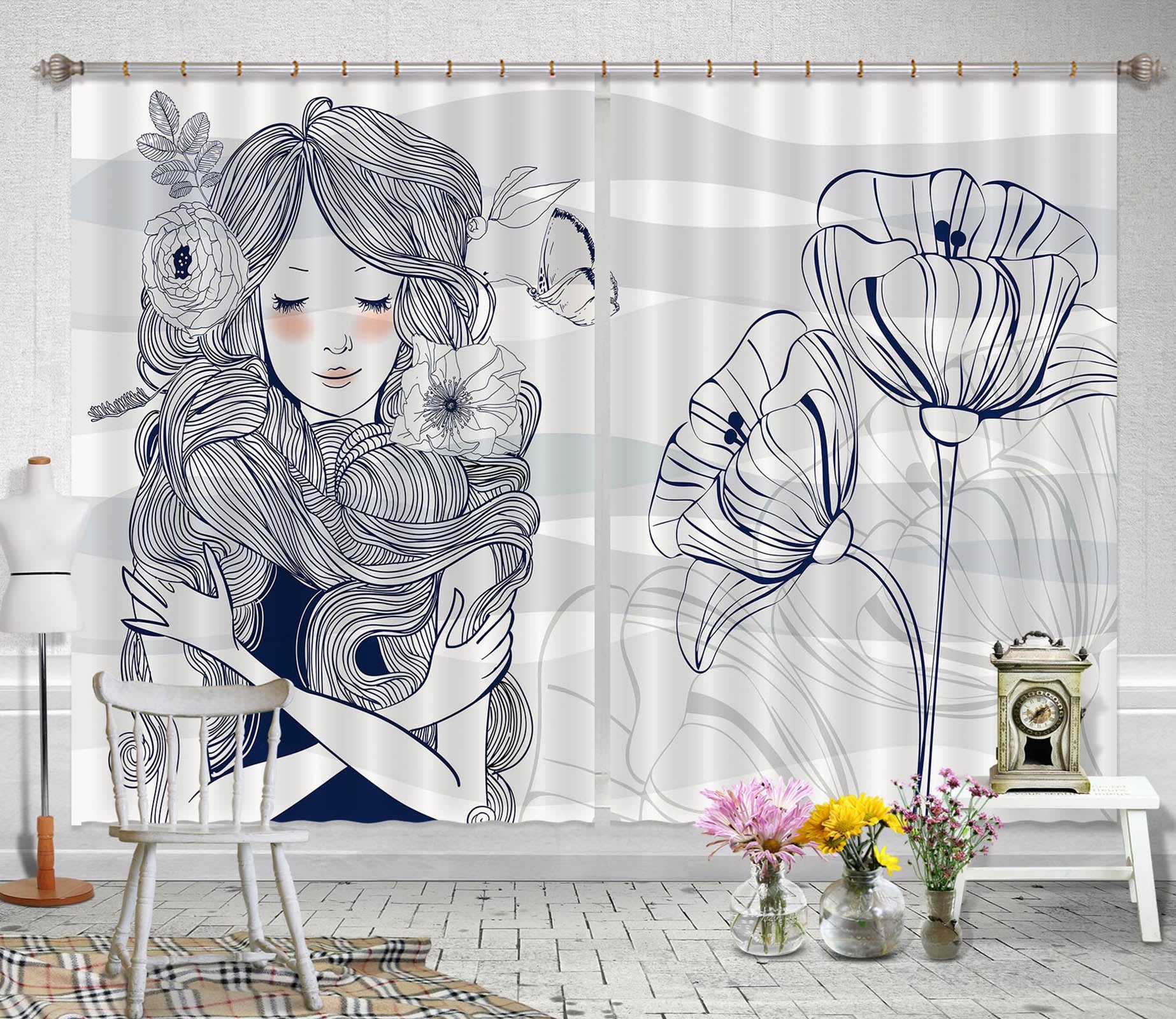 3D Lotus Girl 718 Curtains Drapes