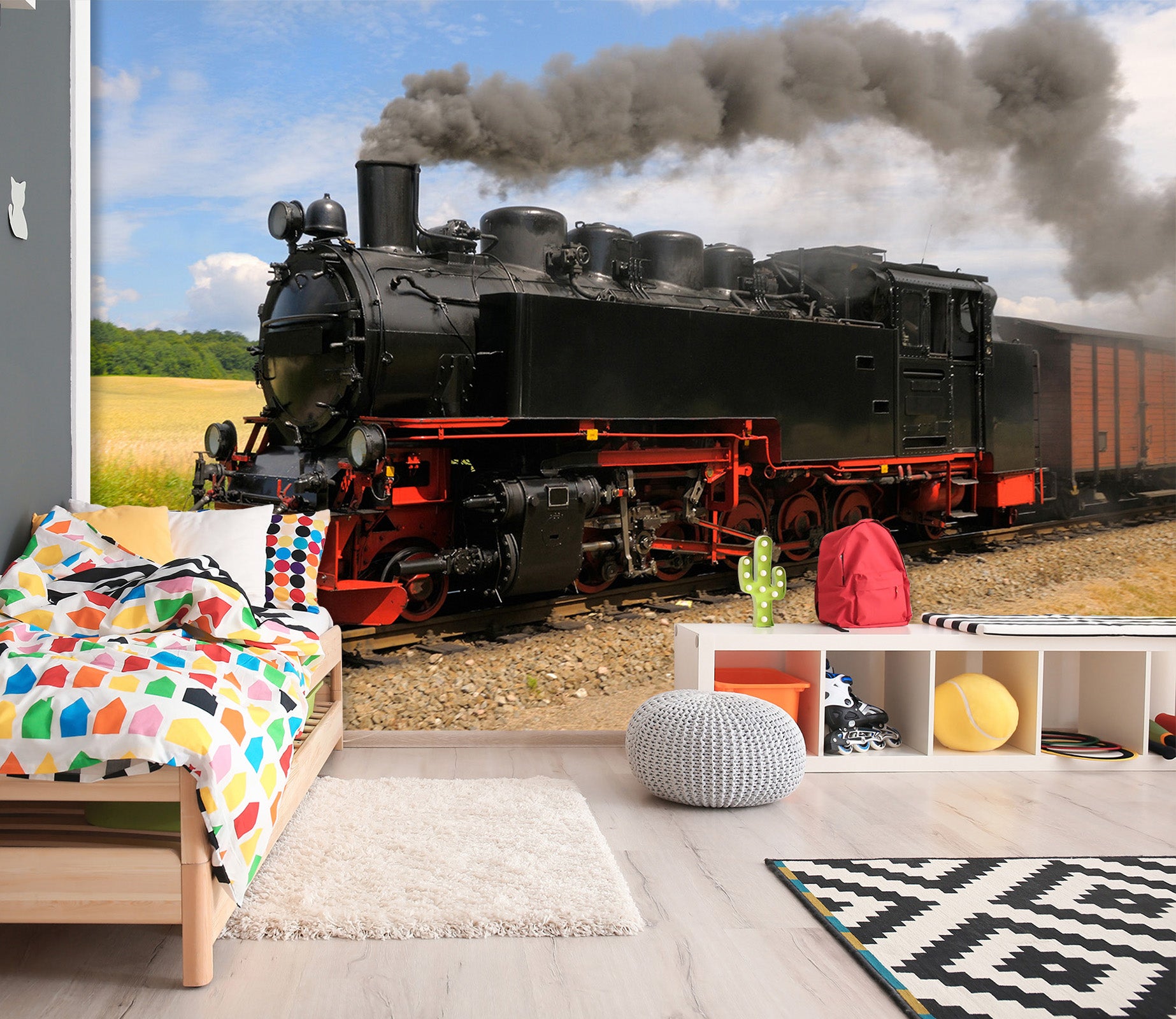 3D Grassland Train 024 Vehicle Wall Murals
