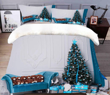 3D Blue Sofa Tree 31236 Christmas Quilt Duvet Cover Xmas Bed Pillowcases