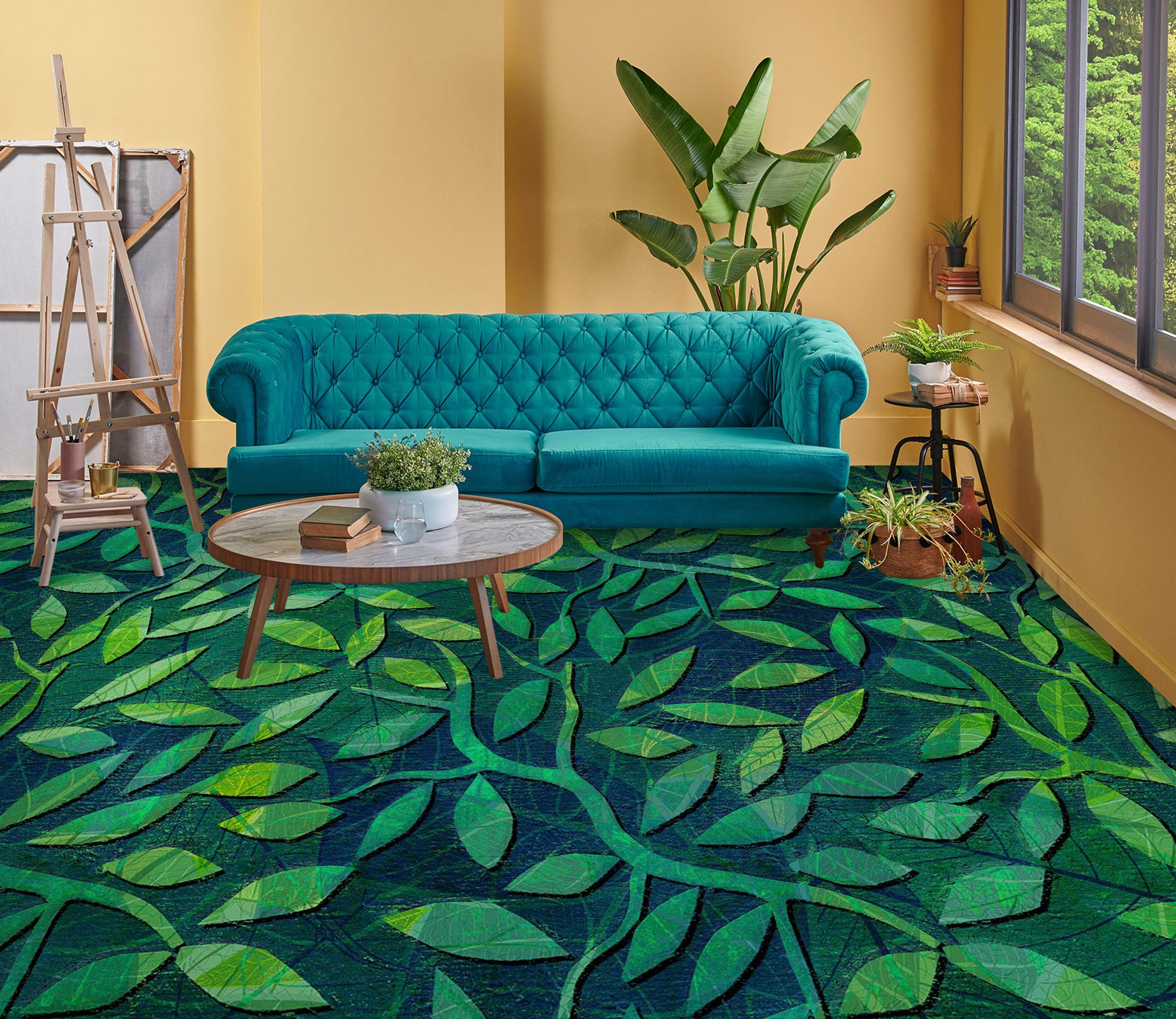 3D Artistic Green Leaves 1369 Floor Mural  Wallpaper Murals Self-Adhesive Removable Print Epoxy