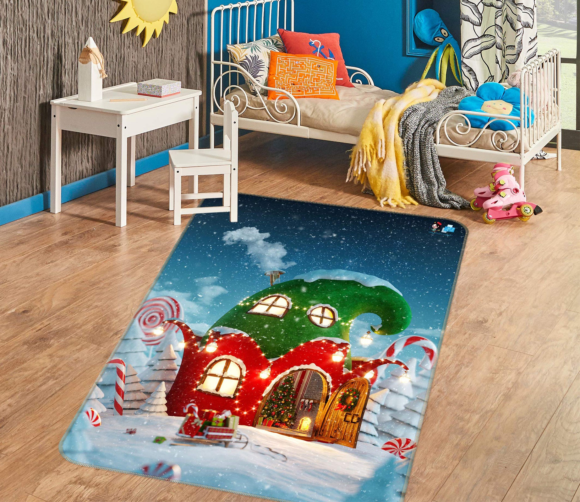 3D Green Red Cabin 56191 Christmas Non Slip Rug Mat Xmas
