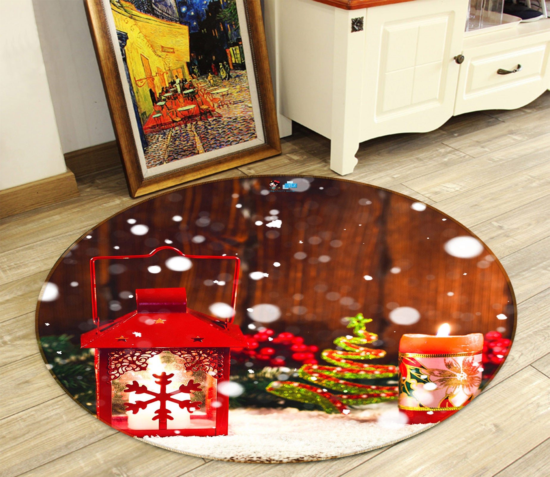 3D Snowflake Candle 55217 Christmas Round Non Slip Rug Mat Xmas