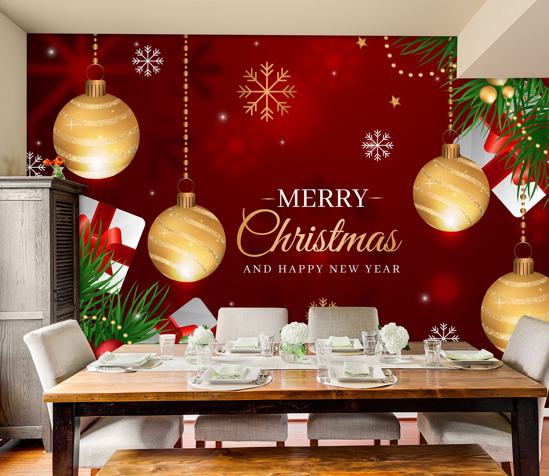 3D Ball Snowflakes Red Background 57130 Wall Murals