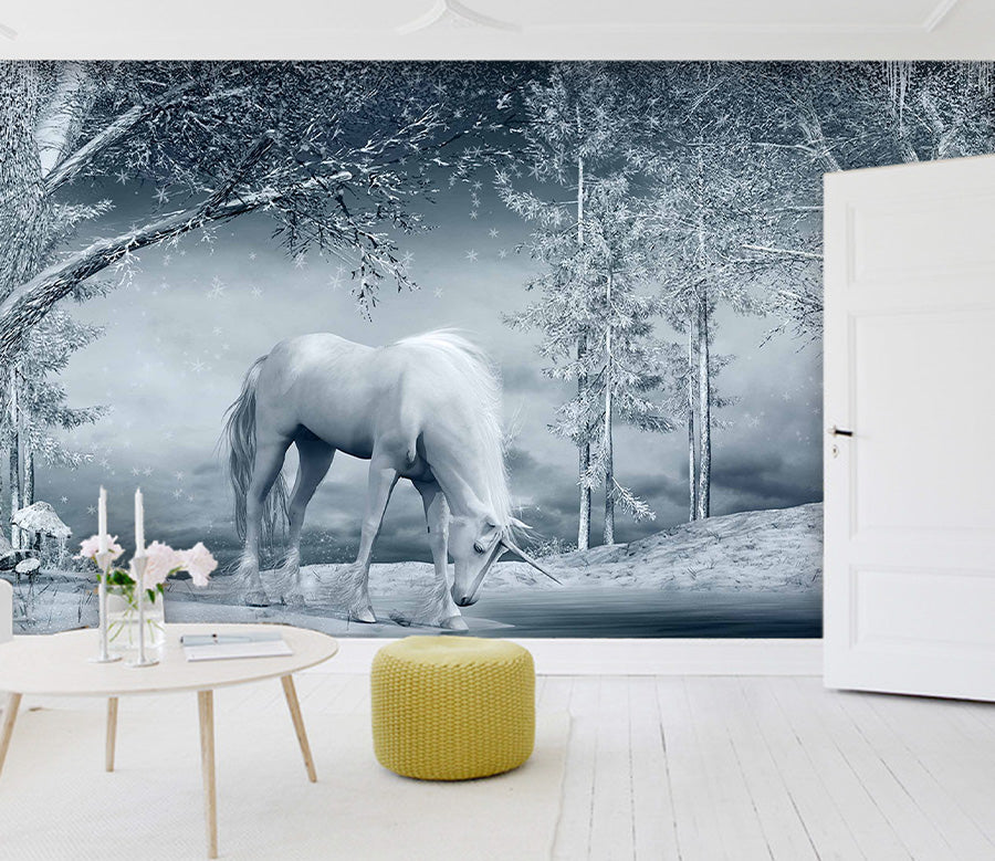 3D Forest White Horse 1588 Wall Murals