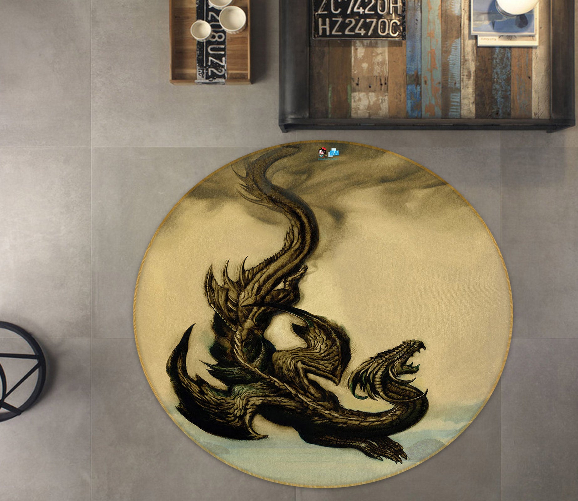 3D Black Dragon 6130 Ciruelo Rug Round Non Slip Rug Mat