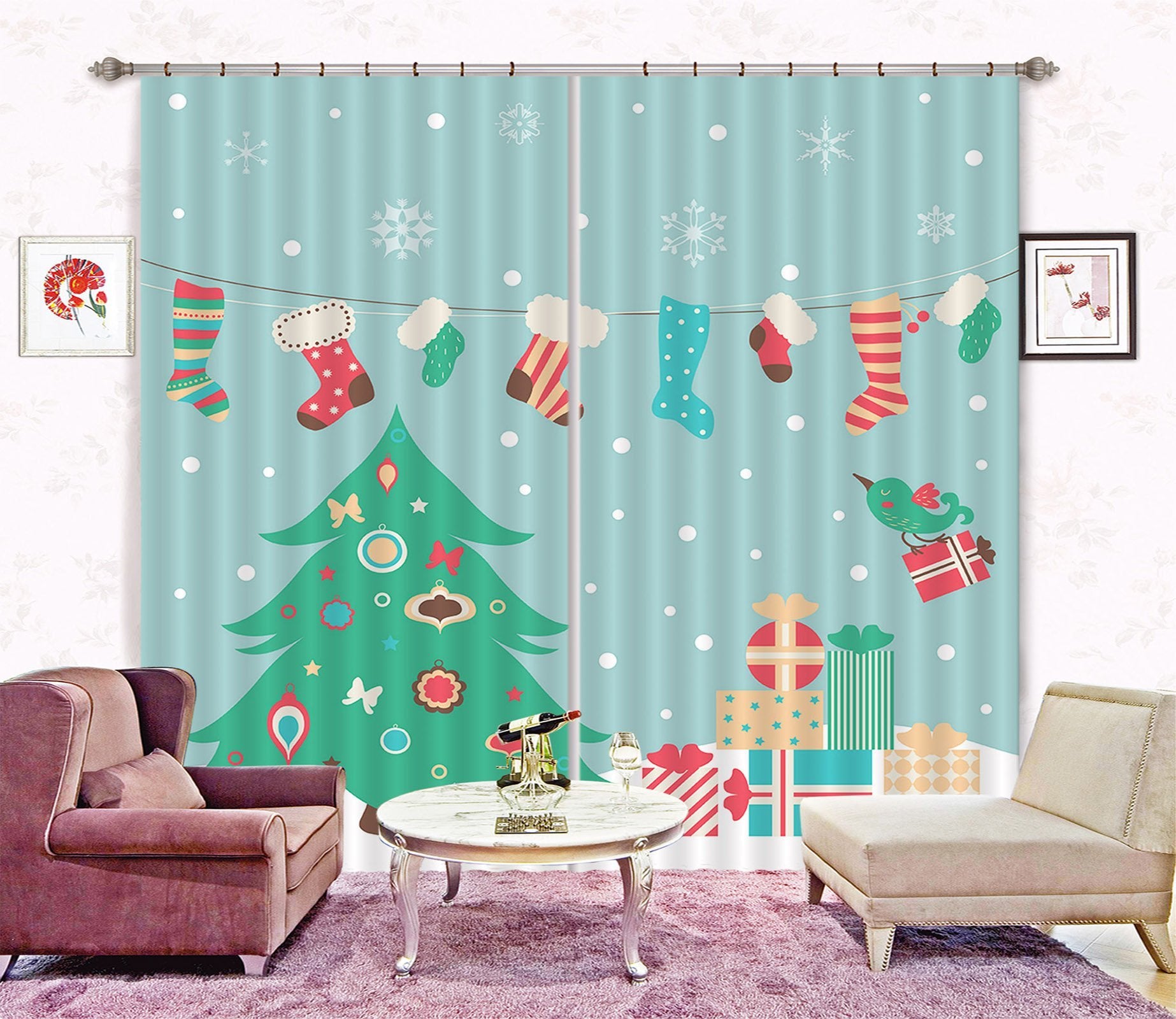 3D Snowflake Color Socks 54 Curtains Drapes Curtains AJ Creativity Home 