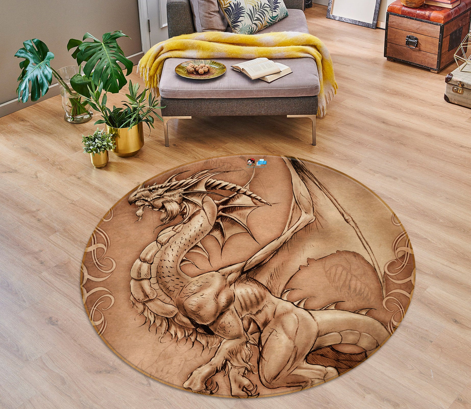 3D Dragon 4182 Tom Wood Rug Round Non Slip Rug Mat