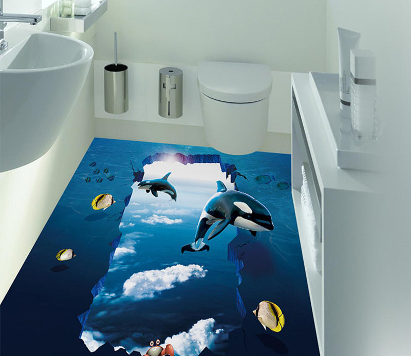 3D Blue Sky Dolphin 107 Floor Mural  Self-Adhesive Sticker Bathroom Non-slip Waterproof Flooring Murals