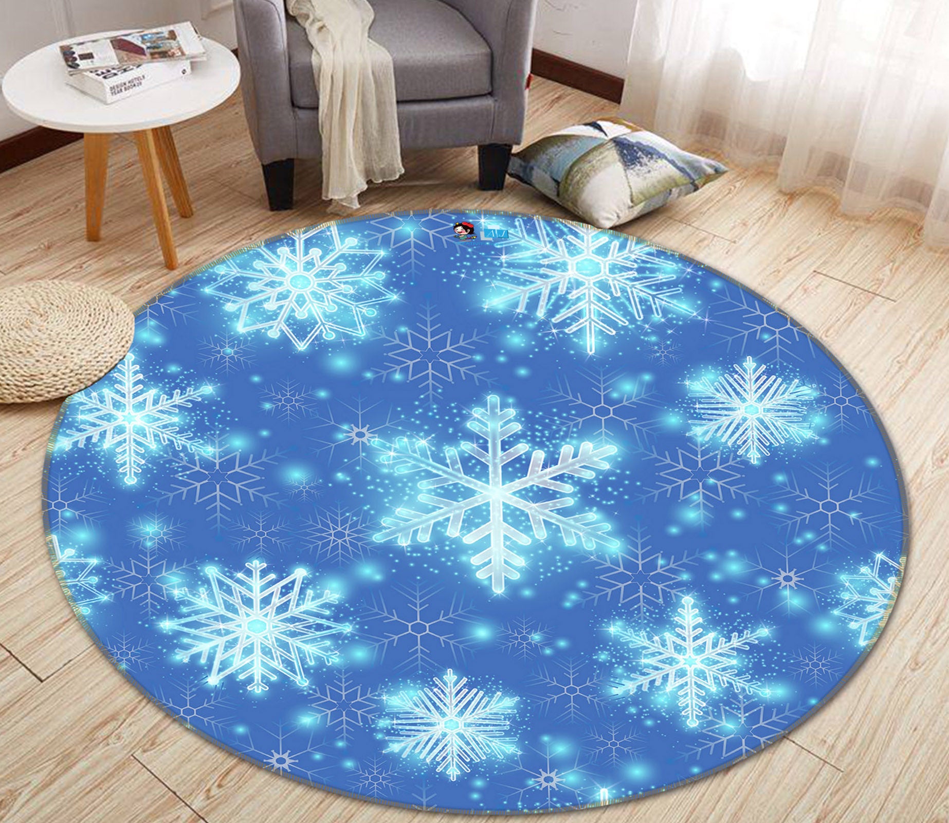 3D Blue Snowflakes 55269 Christmas Round Non Slip Rug Mat Xmas
