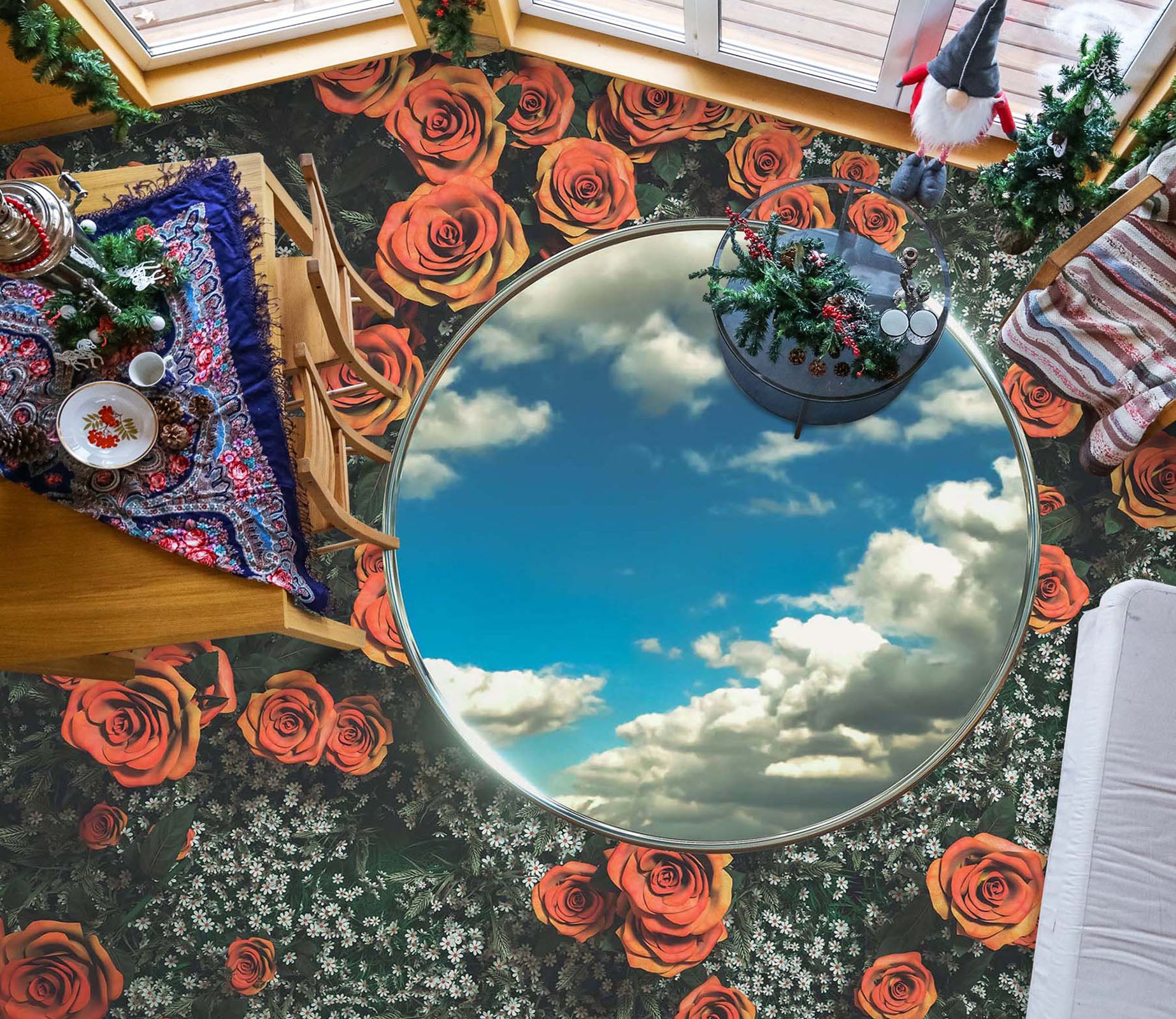 3D Red Rose And Sky 852 Floor Mural