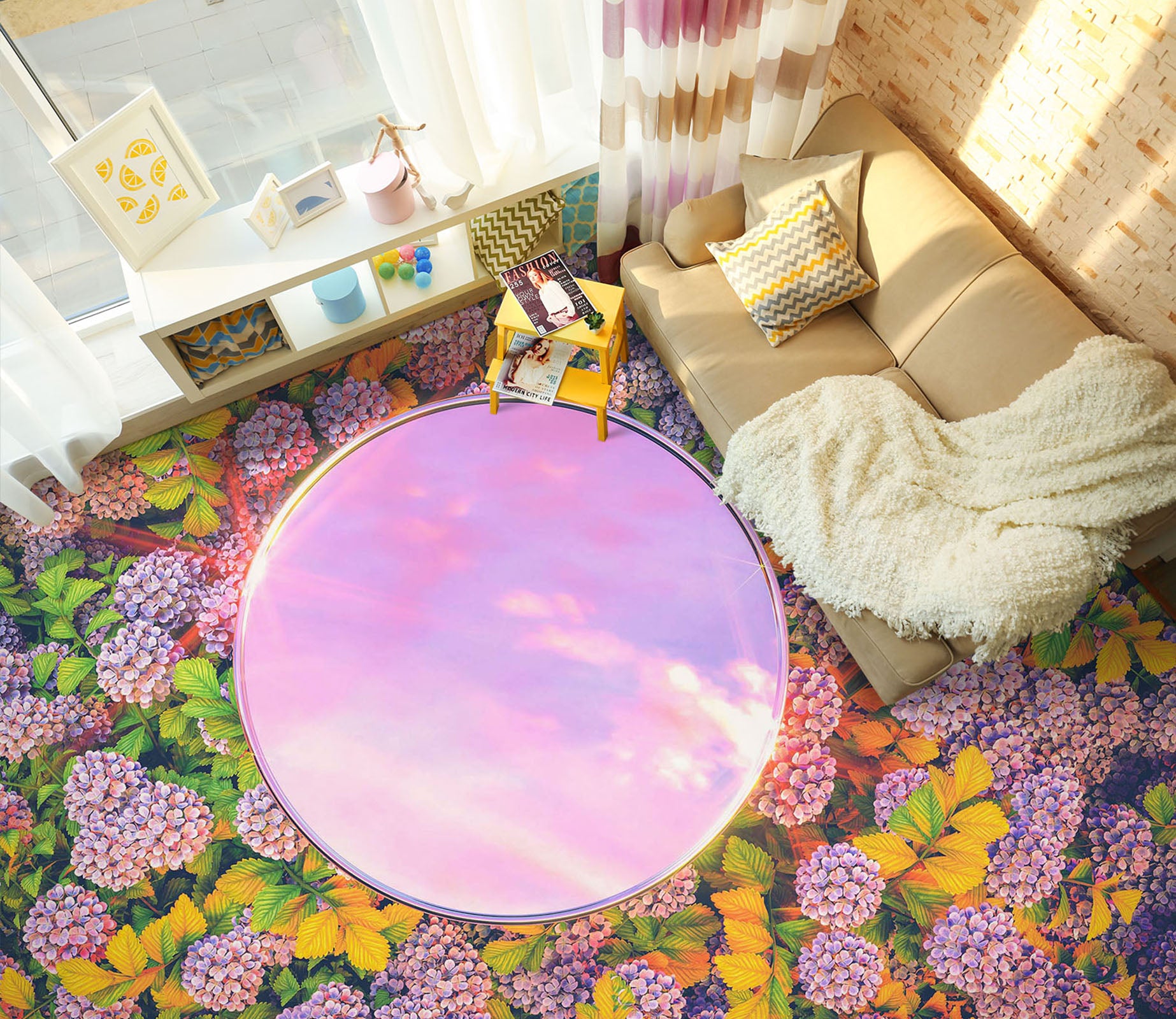 3D Flowers And Pink Sky 853 Floor Mural