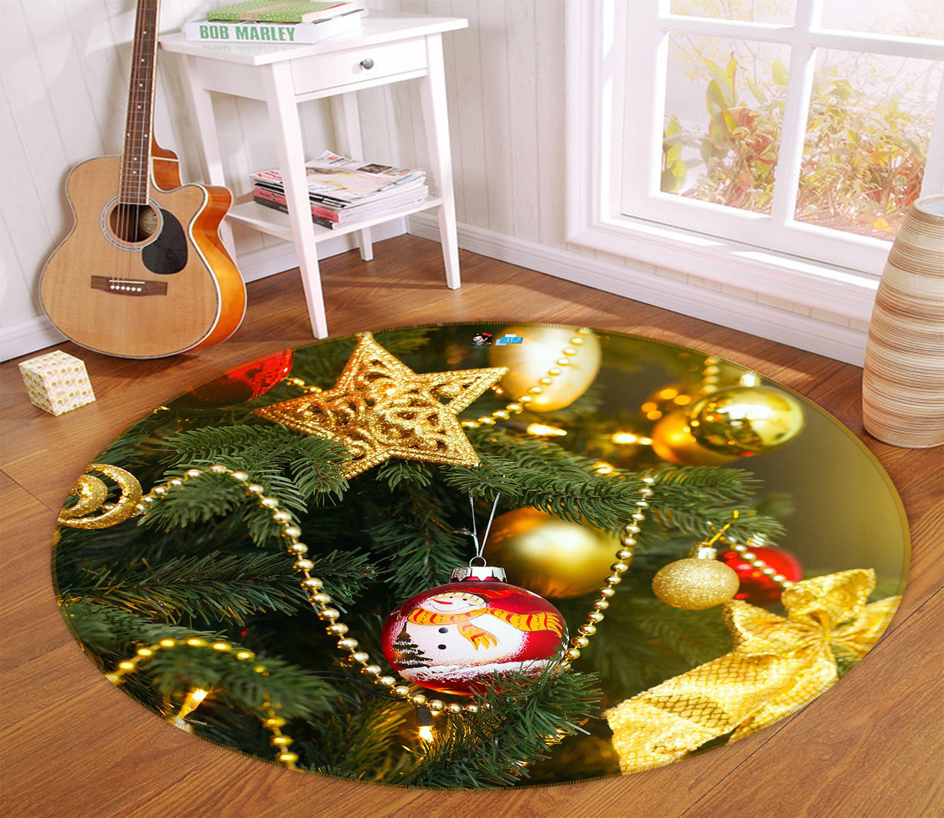 3D Golden Pendant 55199 Christmas Round Non Slip Rug Mat Xmas