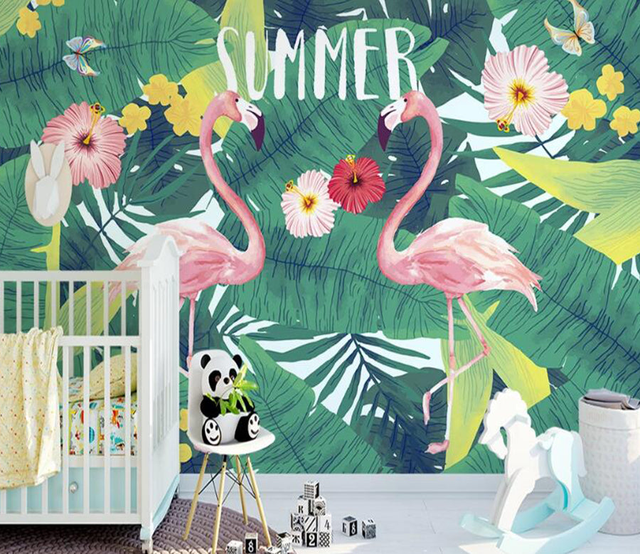 3D Pink Flamingos In Summer 1066 Wall Murals