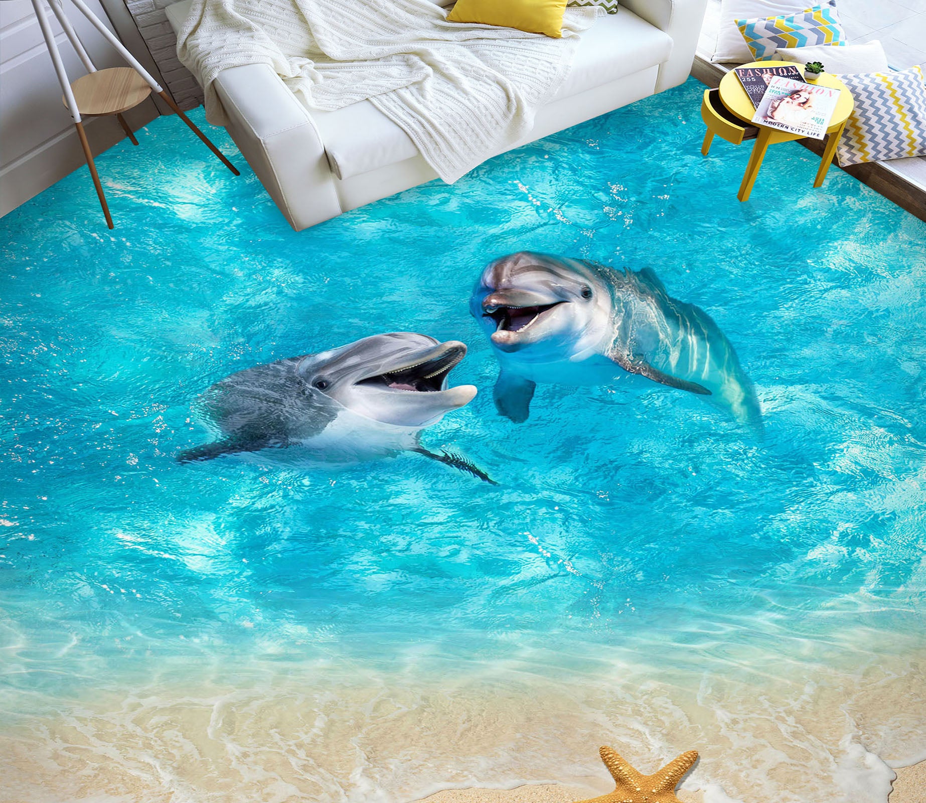 3D Two Worry-free Dolphins 291 Floor Mural  Wallpaper Murals Rug & Mat Print Epoxy waterproof bath floor