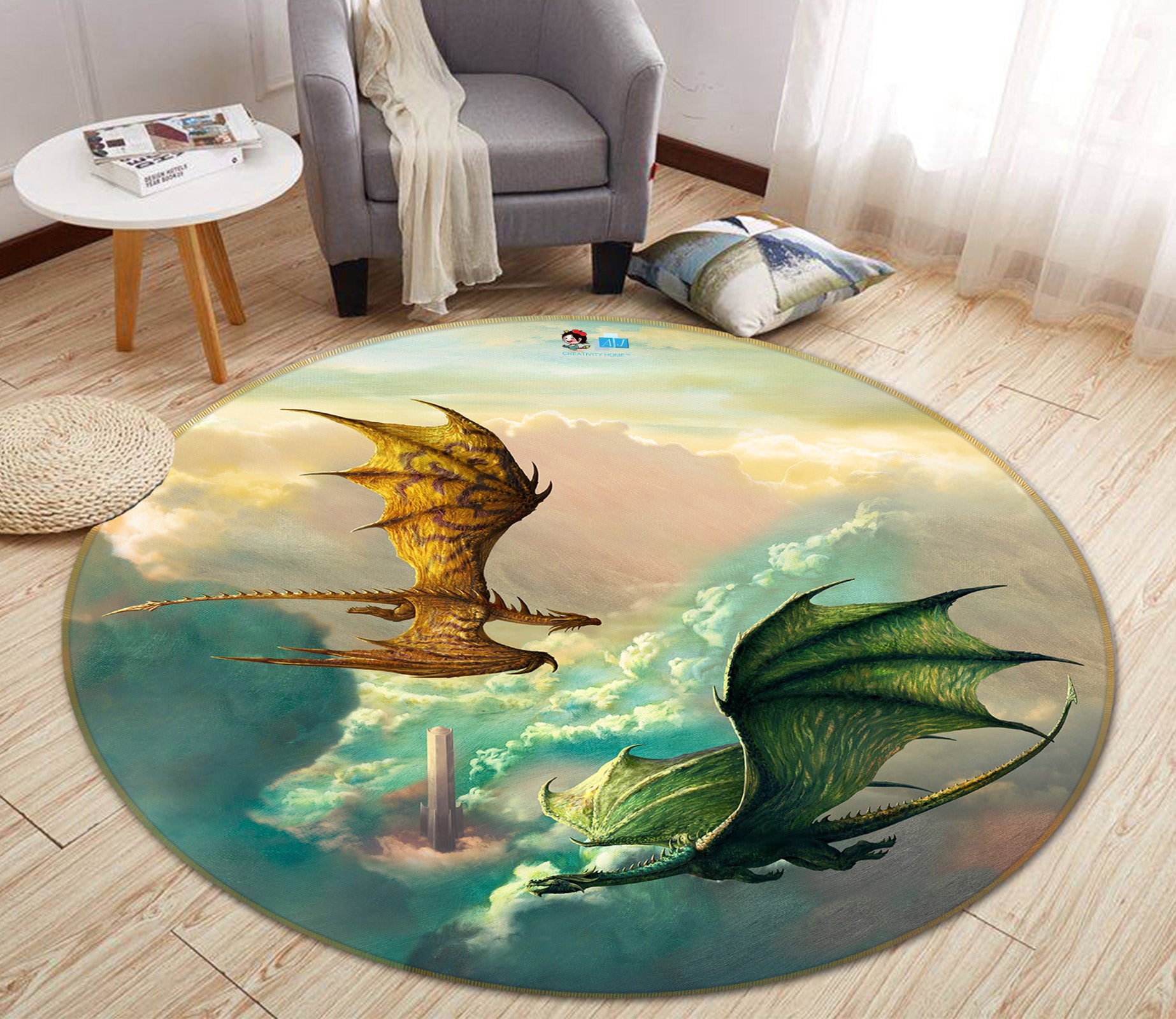 3D Clouds Dragon 6160 Ciruelo Rug Round Non Slip Rug Mat
