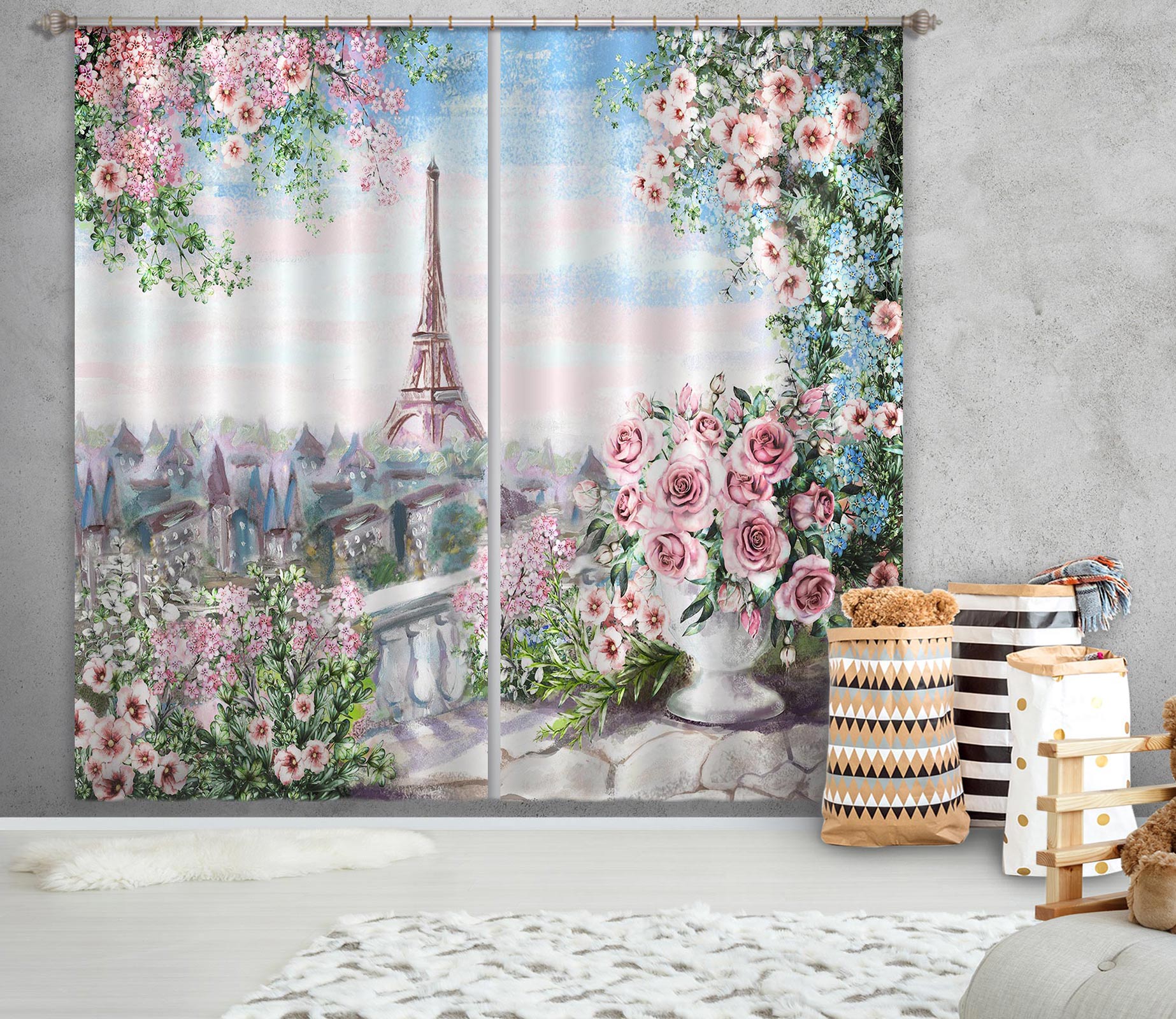 3D Rose Eiffel Tower 042 Curtains Drapes