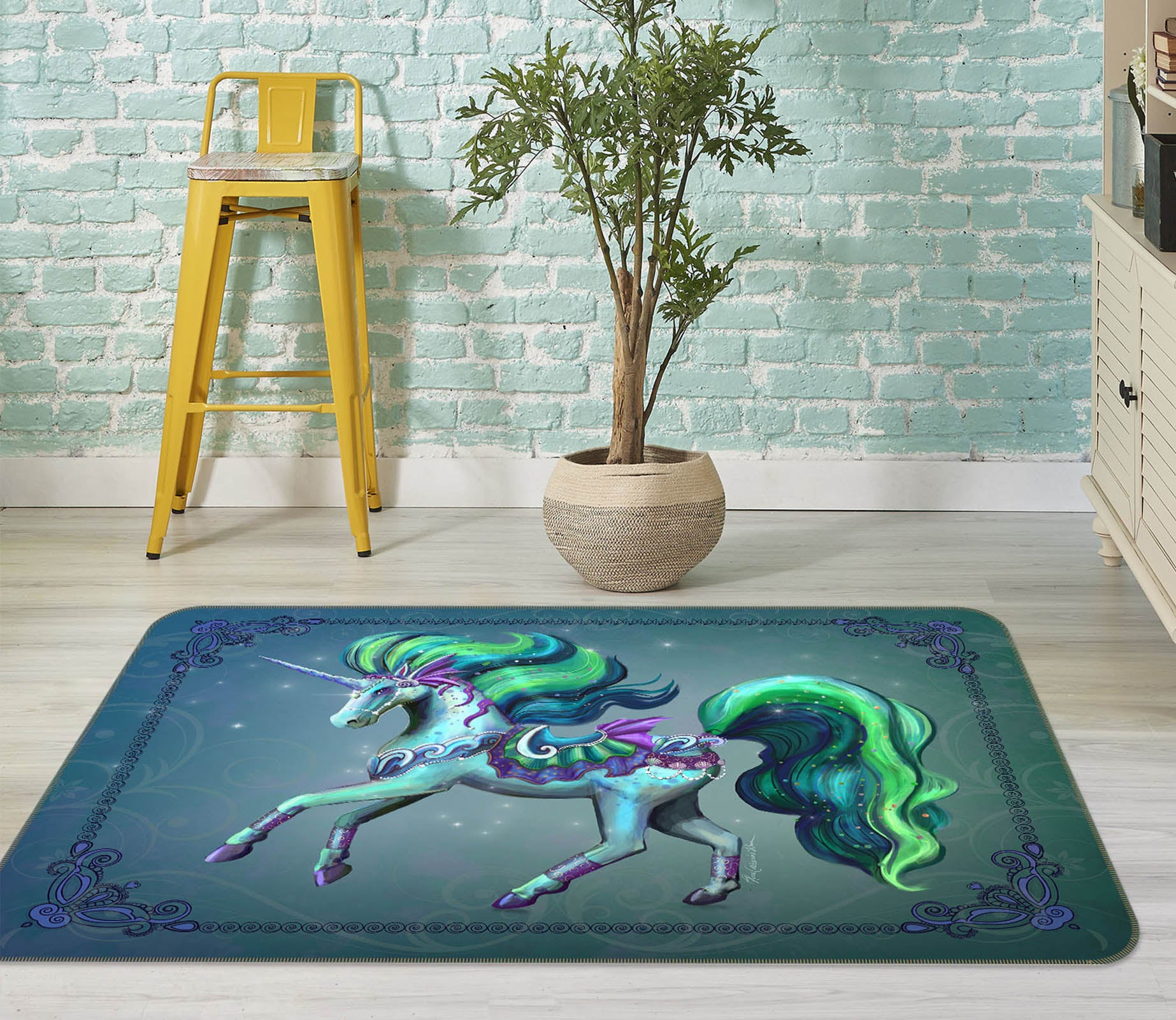 3D Green Unicorn 3015 Rose Catherine Khan Rug Non Slip Rug Mat