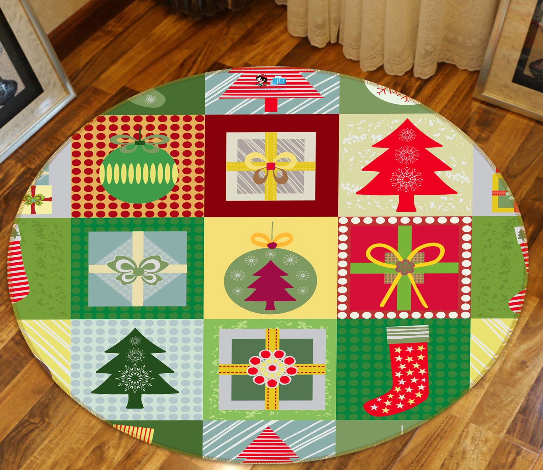 3D Tree Square Pattern 55231 Christmas Round Non Slip Rug Mat Xmas
