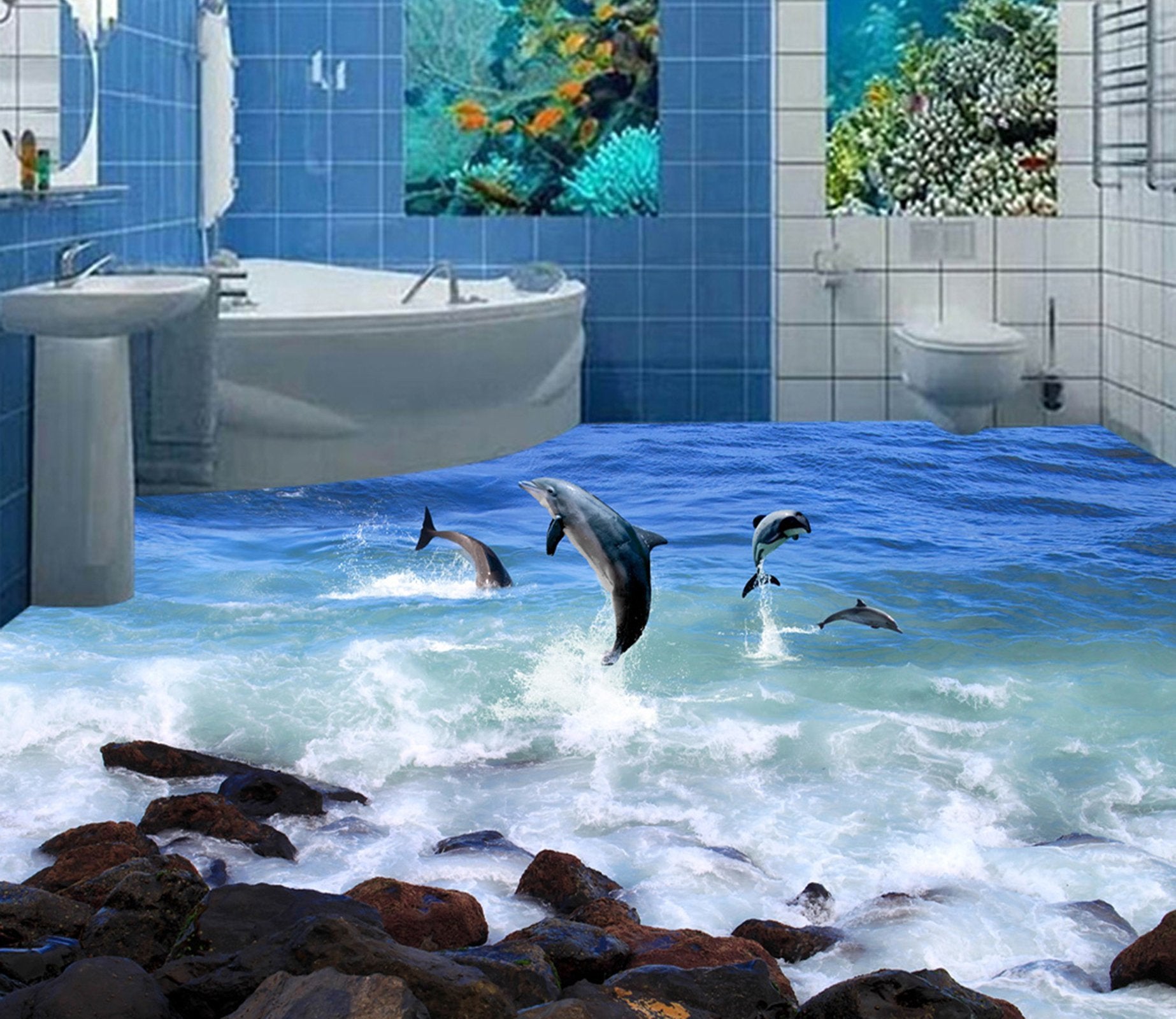 3D Dolphin Dancing WG394 Floor Mural Wallpaper AJ Wallpaper 2 