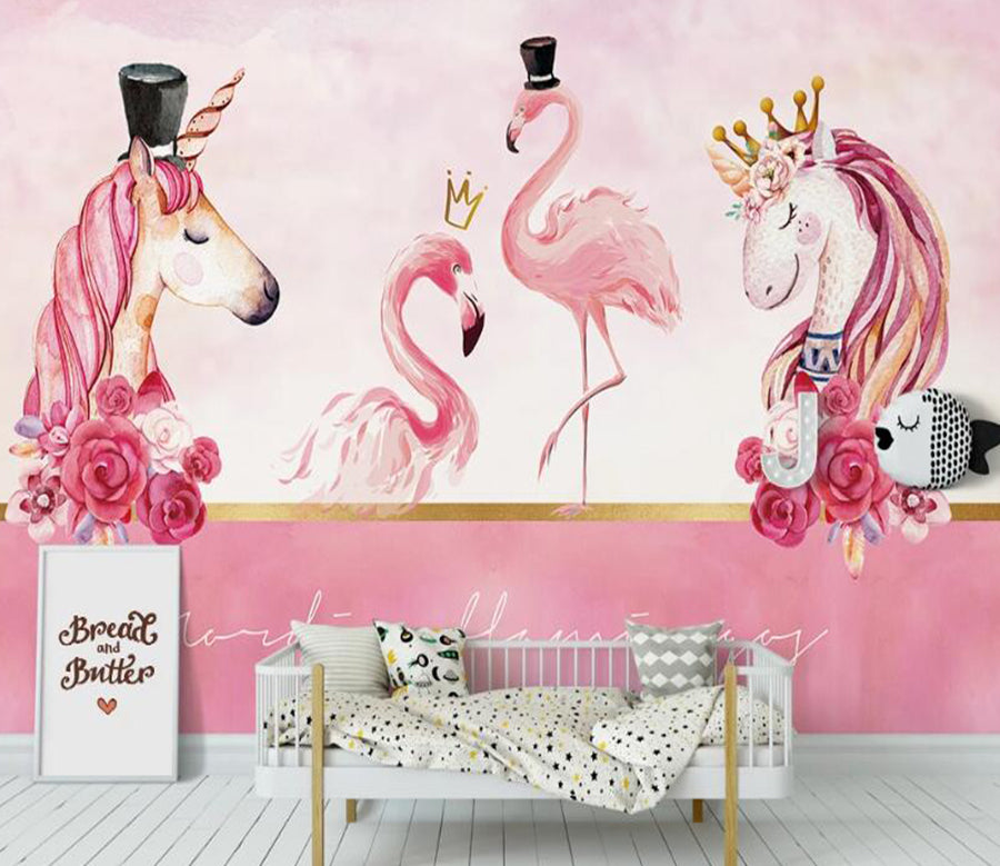 3D Couple Horses And Couple Flamingos 1123 Wall Murals