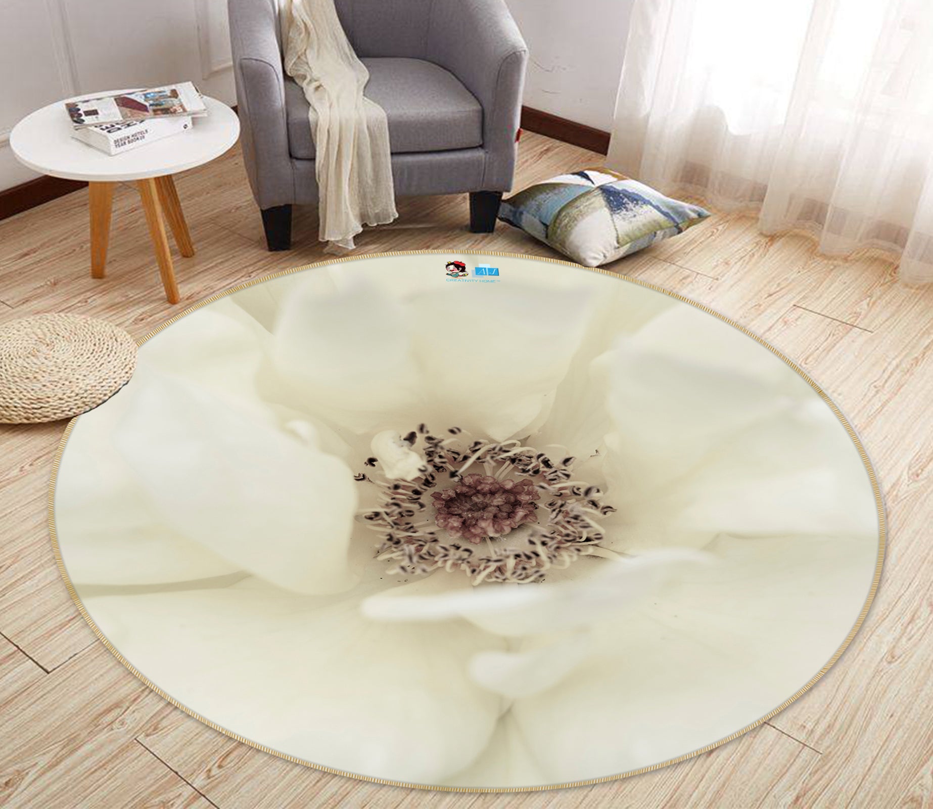 3D White Flower 7599 Assaf Frank Rug Round Non Slip Rug Mat