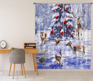 3D Snow Tree Deer 53078 Christmas Curtains Drapes Xmas