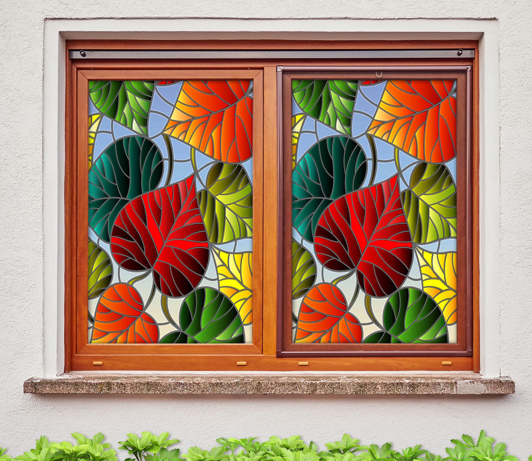 3D Colored Leaves 425 Window Film Print Sticker Cling Stained Glass UV Block