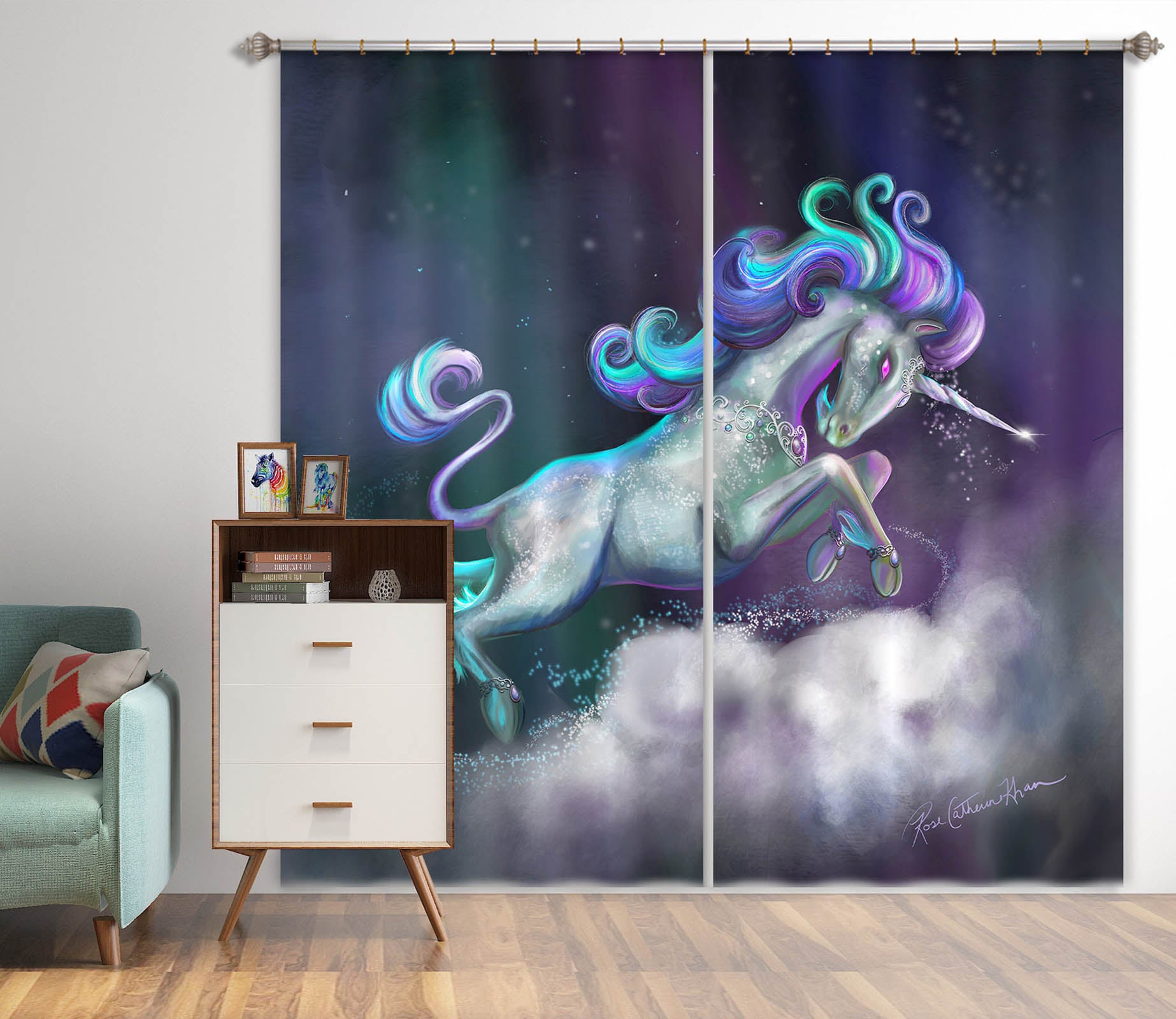 3D White Unicorn 114 Rose Catherine Khan Curtain Curtains Drapes