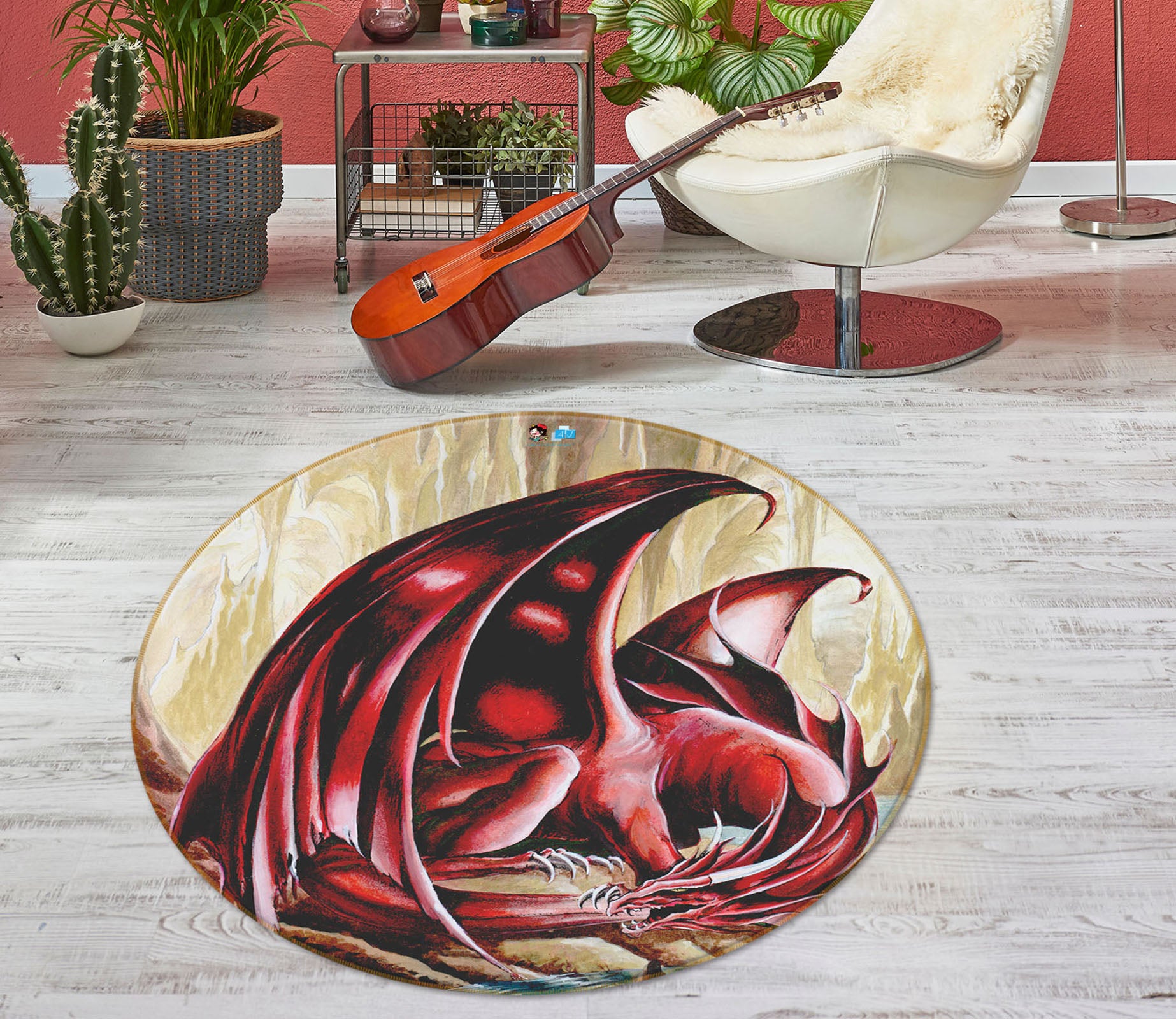 3D Red Dragon 8380 Ruth Thompson Rug Round Non Slip Rug Mat