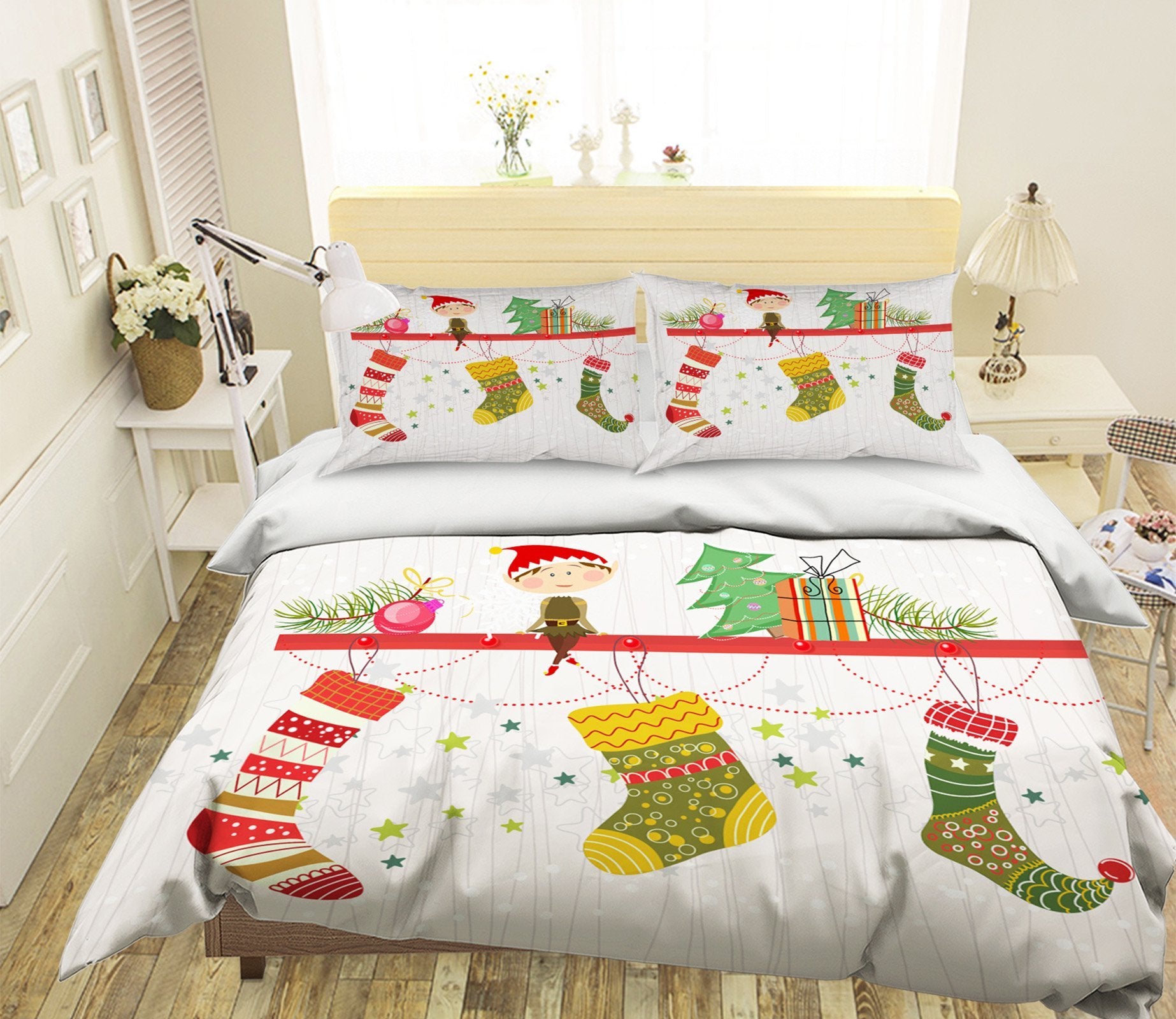 3D Christmas Sock Hanging 2 Bed Pillowcases Quilt Quiet Covers AJ Creativity Home 