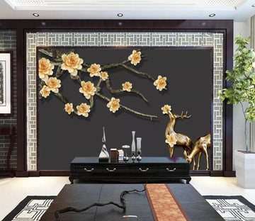 3D Golden Flower Fawn WC55 Wall Murals Wallpaper AJ Wallpaper 2 