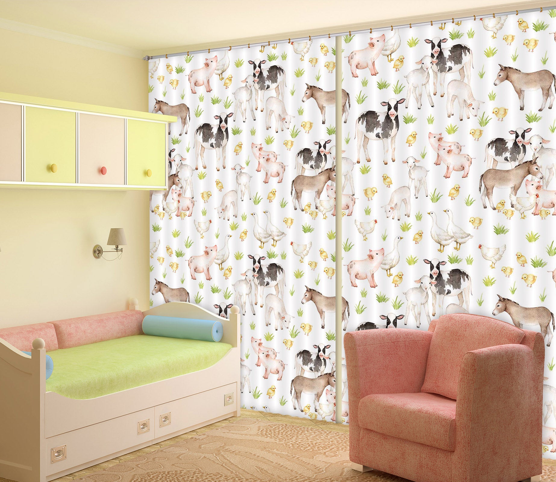 3D Pink Pig Chicken 141 Uta Naumann Curtain Curtains Drapes