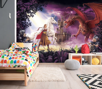3D Castle White Unicorn Red Dragon 7049 Ciruelo Wall Mural Wall Murals