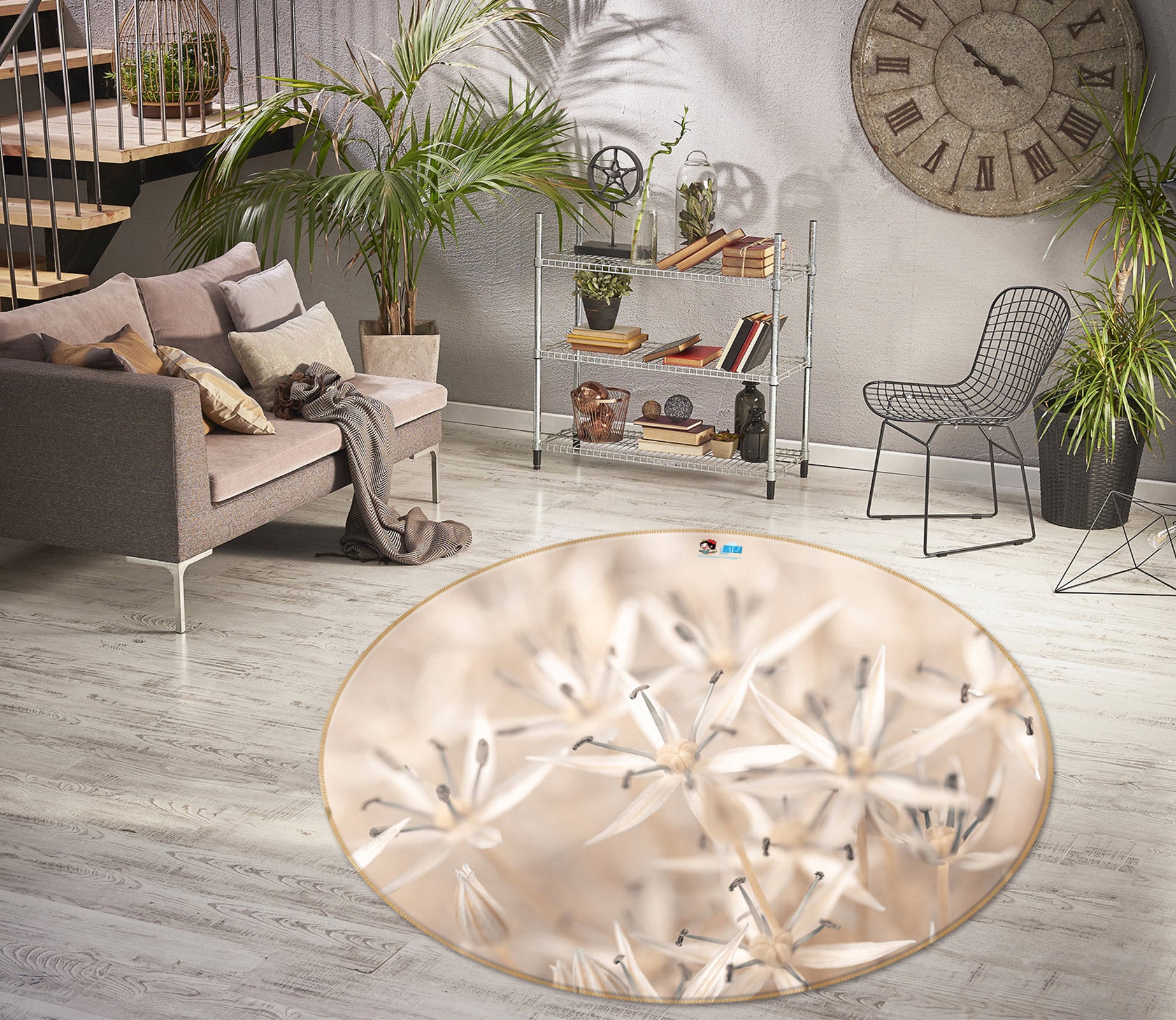 3D Gray Wildflowers 7566 Assaf Frank Rug Round Non Slip Rug Mat