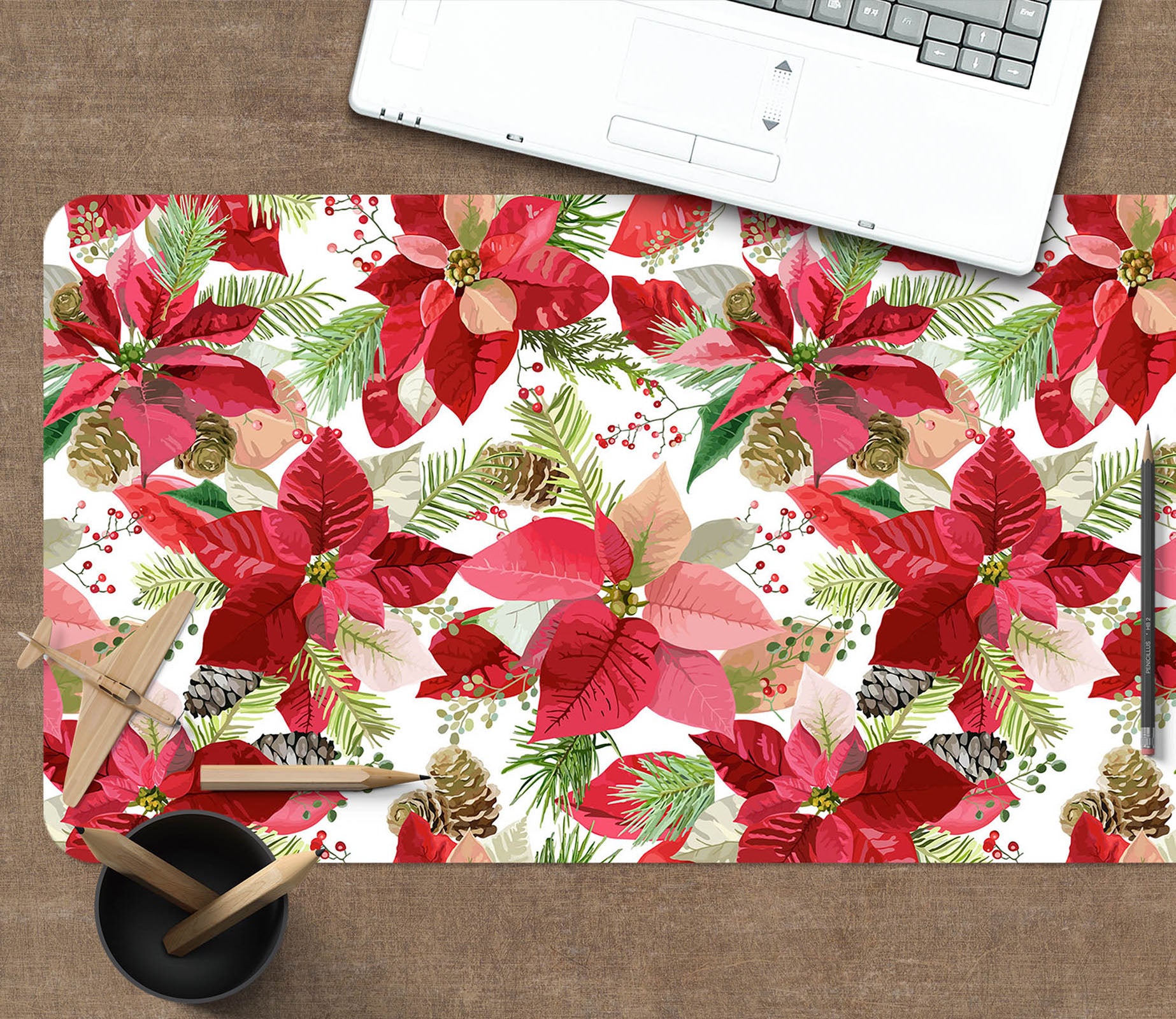 3D Red Leaves Flowers 53195 Christmas Desk Mat Xmas