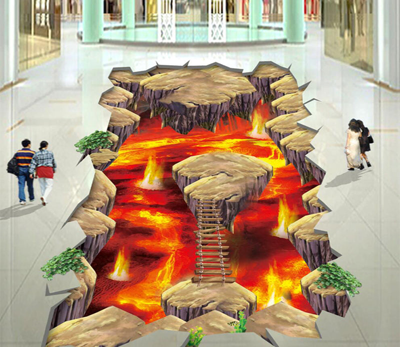 3D Flame Stone Bridge 132 Floor Mural  Self-Adhesive Sticker Bathroom Non-slip Waterproof Flooring Murals