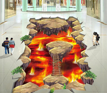 3D Flame Stone Bridge 132 Floor Mural  Self-Adhesive Sticker Bathroom Non-slip Waterproof Flooring Murals
