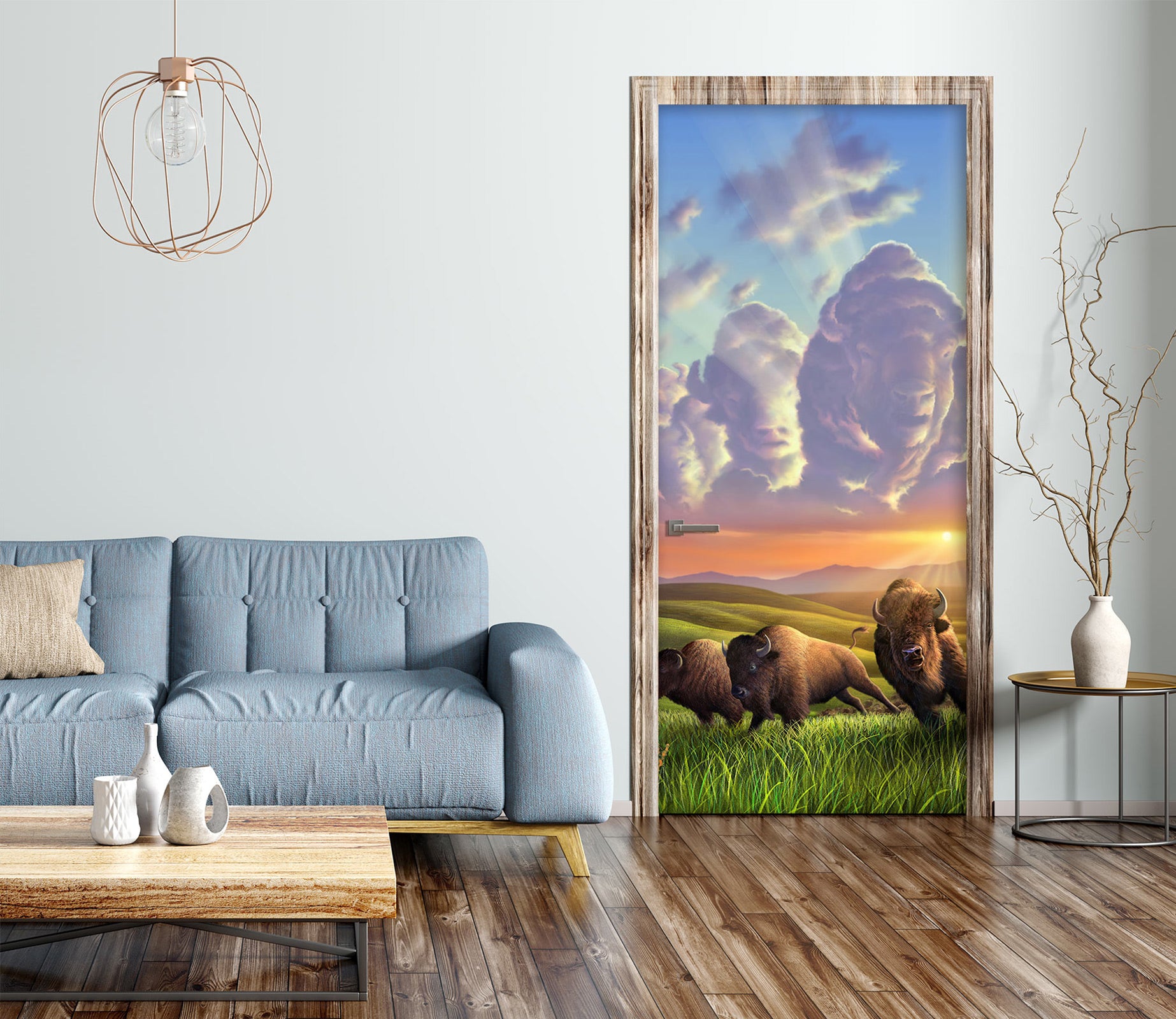 3D Clouds Meadow Yak 112155 Jerry LoFaro Door Mural